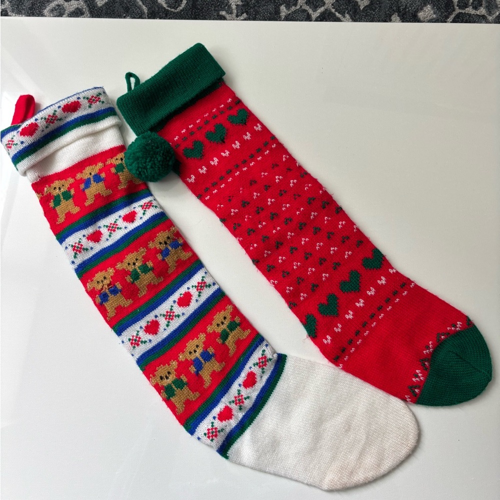Vintage Red and Green and teddy bear Christmas Stockings